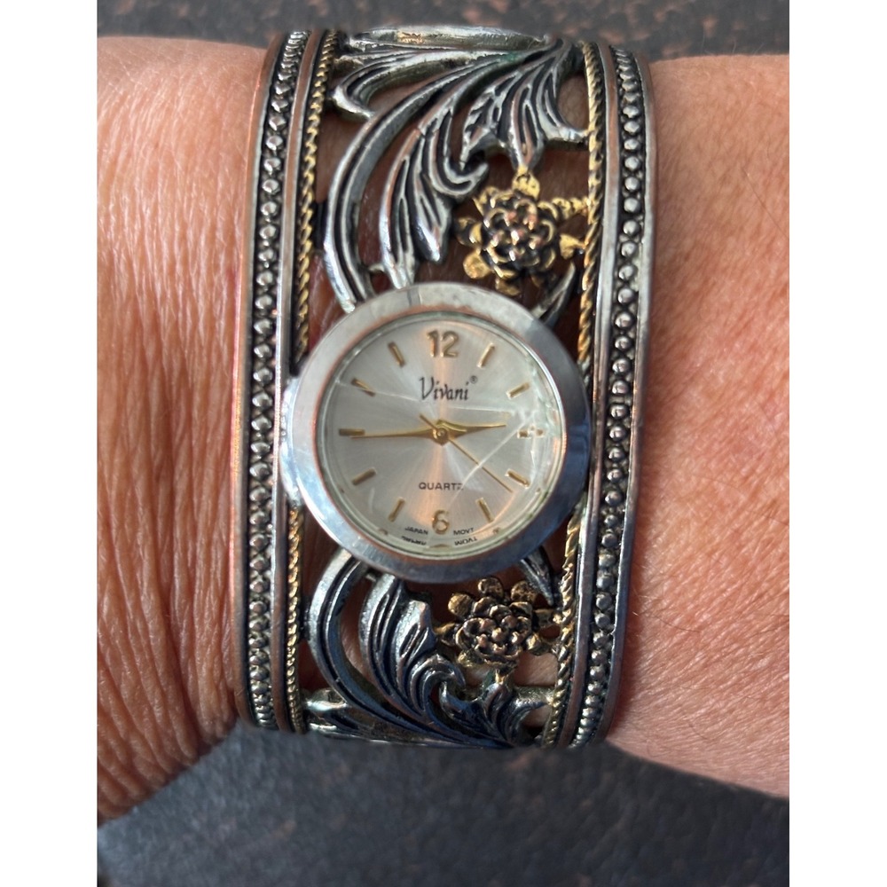Vivani Mixed Metal Cuff Watch Ornate Floral Filigree Silver Gold Copper Tone - Picture 3 of 5